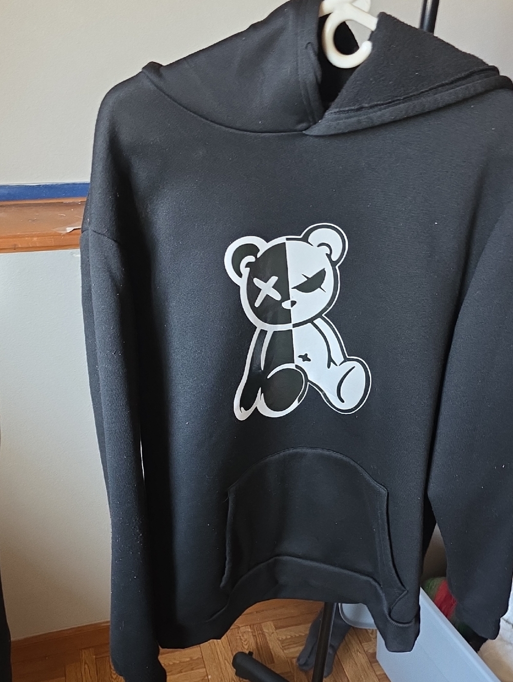 Black Hoodie with Two-Tone Teddy Graphic